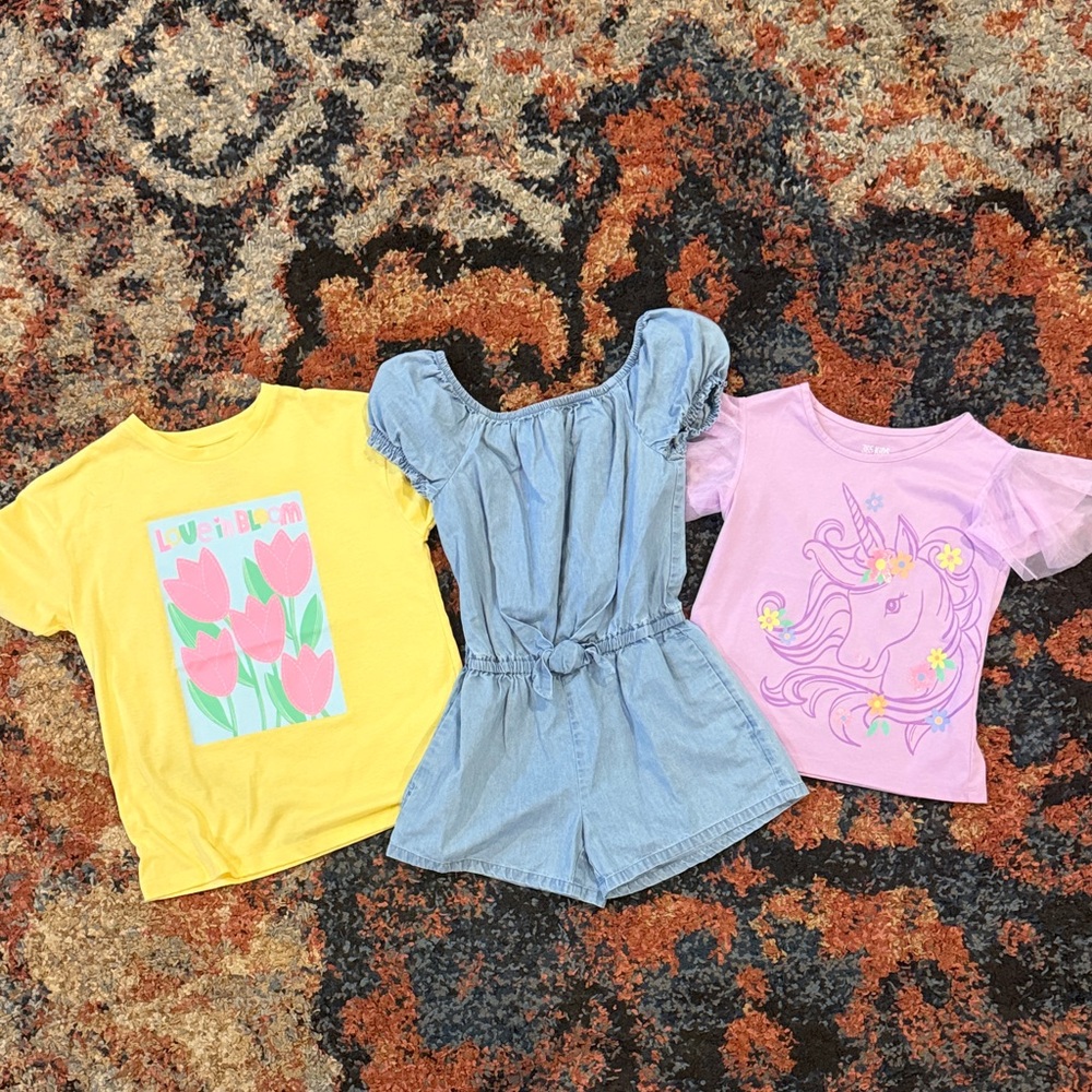 Girls' Size 8 Bundle: Gap Kids denim romper and two 365 Kids shirts
